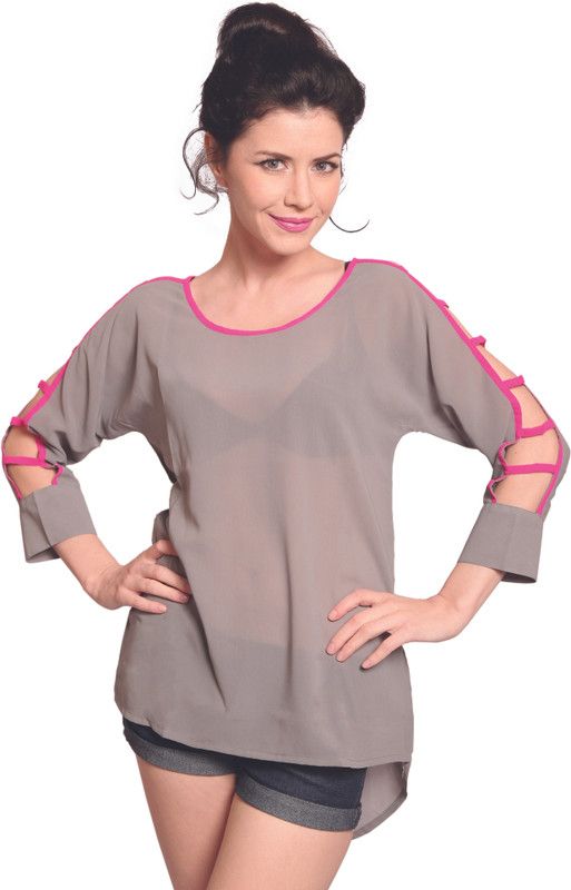Casual Regular Sleeves Self Design Women Pink, Grey Top