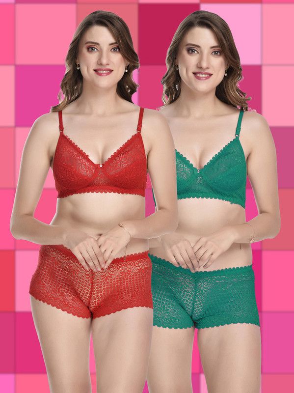 Bra & Panty Set Self Design Red, Blue Lingerie Set