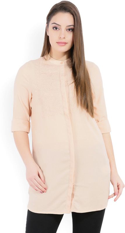 Formal Roll Up Sleeves Self Design Women Beige Top
