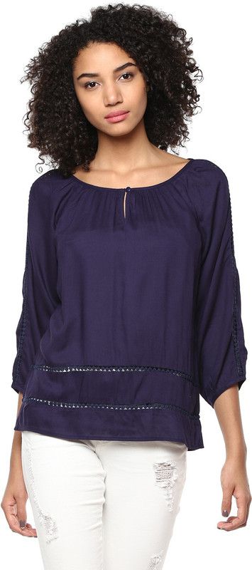 Casual Bishop Sleeve Embroidered Women Dark Blue Top