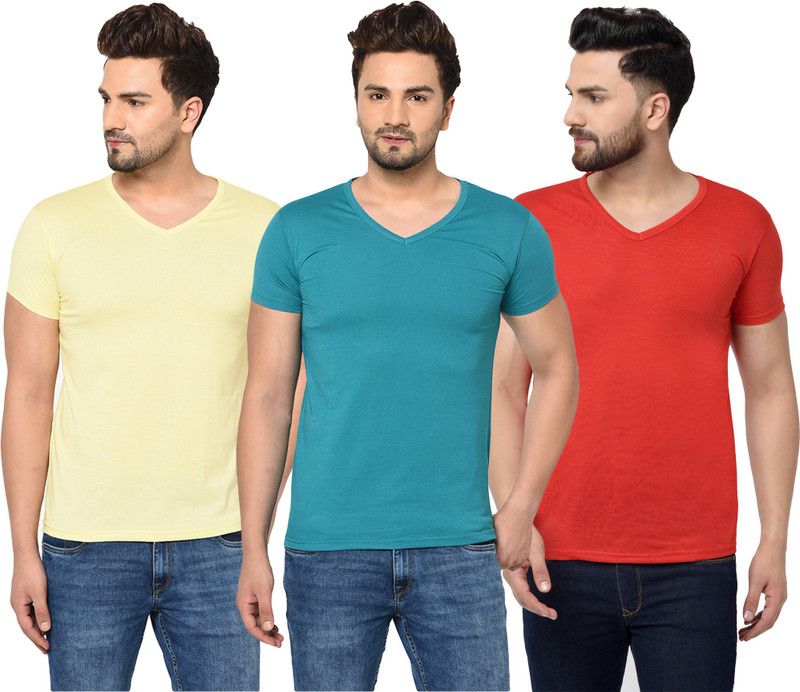 Pack of 3 V neck Combo T-shirts Multicolor Men Solid V Neck Cotton Blend Red, Blue, Yellow T-Shirt