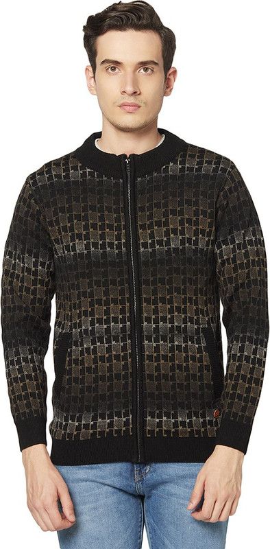 Men Checkered Round Neck Black Sweater
