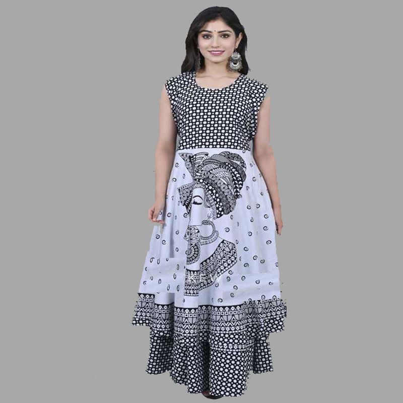 Printed Cotton Blend Semi Stitched Anarkali Gown  (Black, White)