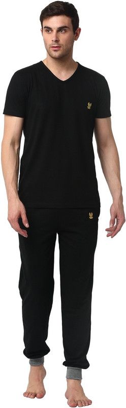 Men Top & Pyjama Set Black, Black Solid