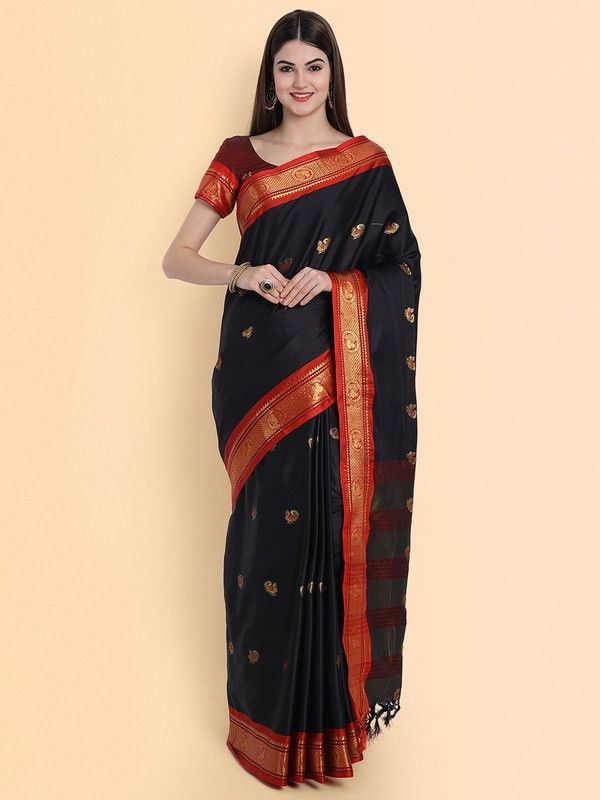 Woven Dharmavaram Cotton Silk Saree  (Black)
