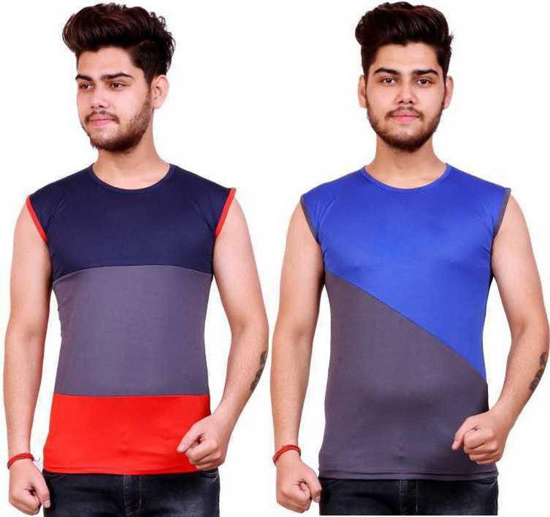 Pack of 2 New latest Gym wear Men Striped Round Neck Polyester Multicolor T-Shirt