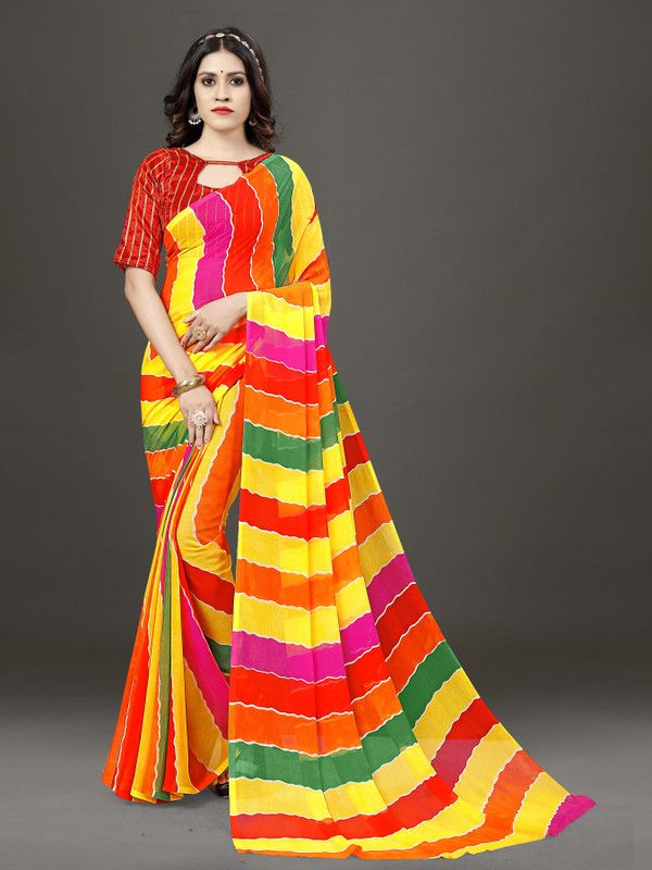 Striped Leheria Georgette Saree  (Red)