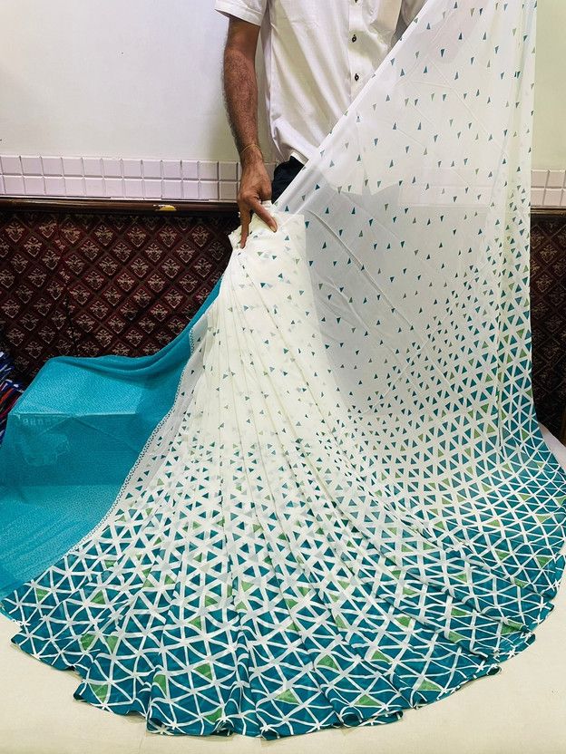 Printed, Self Design, Digital Print, Color Block, Blocked Printed, Woven, Checkered Daily Wear Georgette Saree  (Light Blue)