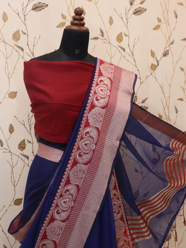 Plain Fashion Cotton Blend Saree  (Blue)