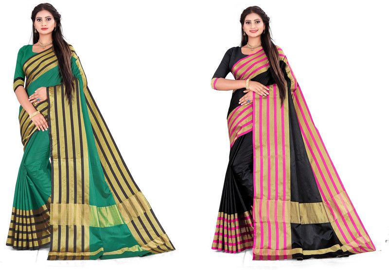 Striped Maheshwari Linen, Art Silk Saree  (Pack of 2, Green, Black)