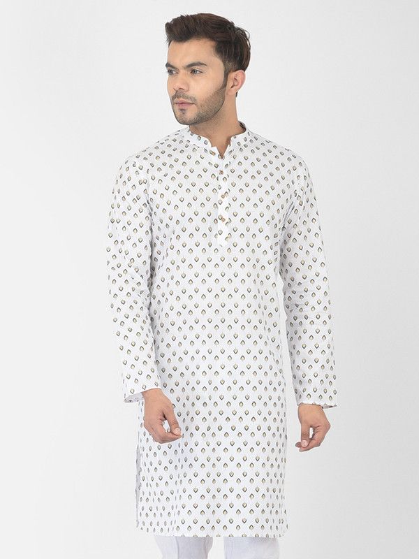 Men Printed Pure Cotton Straight Kurta  (Silver, White)