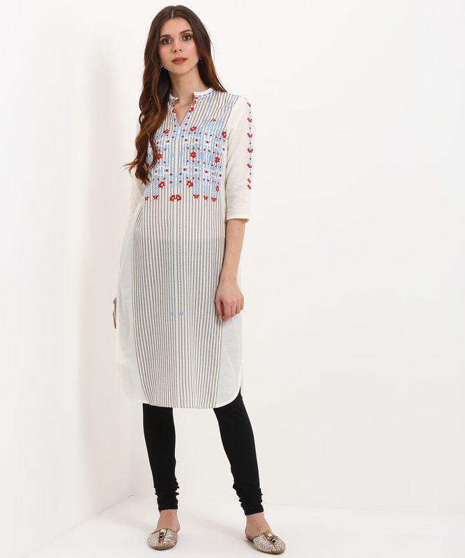 Women Printed, Striped Cotton Blend Straight Kurta  (Multicolor)