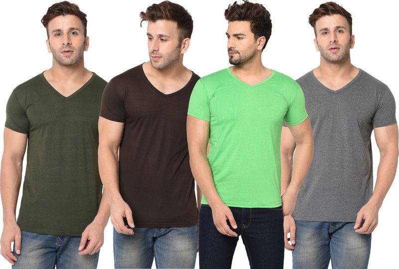 Pack of 4 V neck Combo T-shirts Multicolor Men Solid V Neck Cotton Blend Green, Brown, Grey T-Shirt