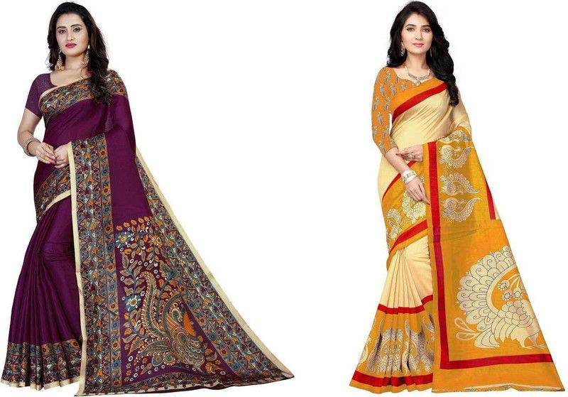 Printed Bollywood Cotton Blend Saree  (Pack of 2, Magenta, Mustard)