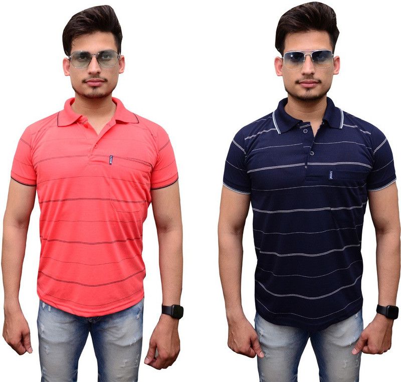 Striped Men Red, Dark Blue T-Shirt  (Pack of 2)