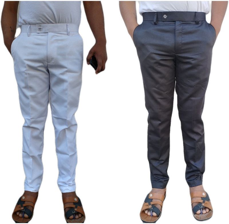 Pack of 2 Men Regular Fit Grey, Beige Cotton Blend Trousers