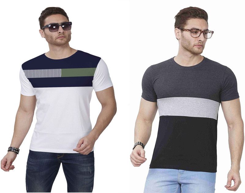 Pack of 2 Men Striped Round Neck Cotton Blend White, Blue, Black T-Shirt