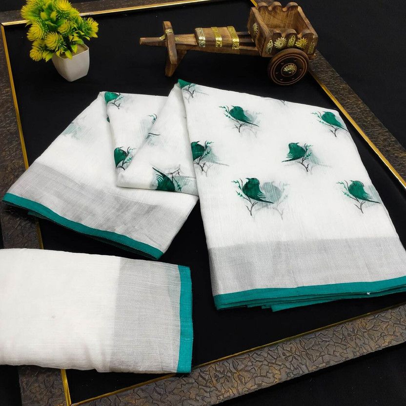 Printed Banarasi Cotton Linen Saree  (Green, White)