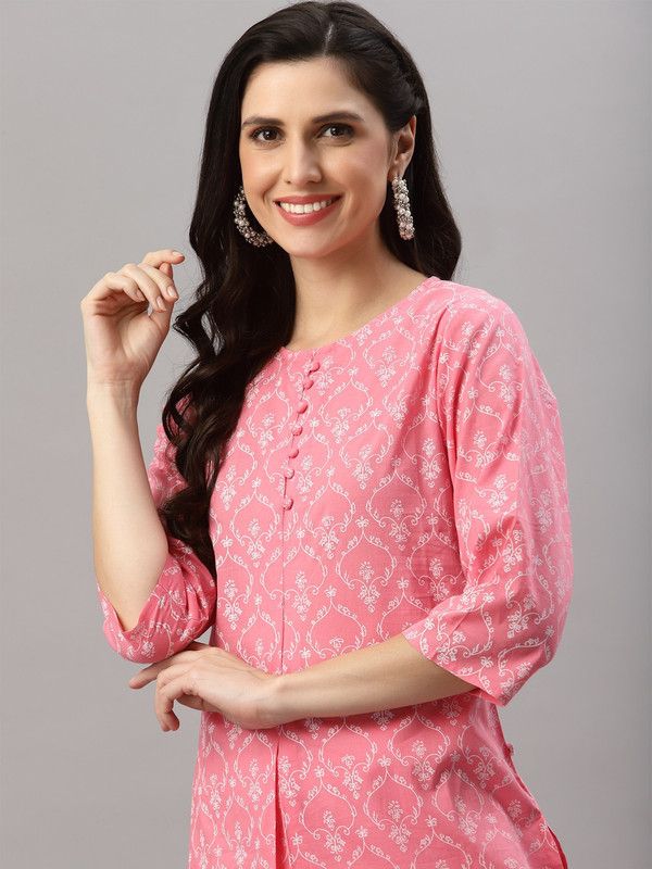 Women Floral Print Pure Cotton Straight Kurta  (Pink, White)