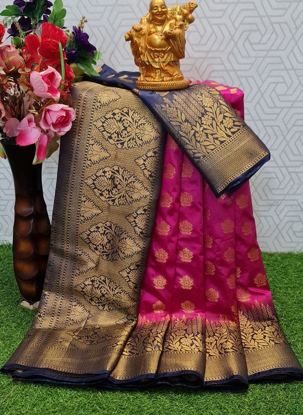 Woven Banarasi Silk Blend Saree  (Pink, Blue)