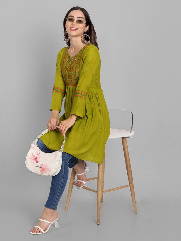 Women Embroidered Cotton Blend Flared Kurta  (Green)