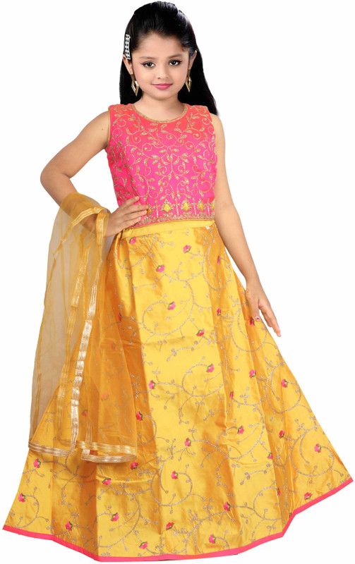 Girls Lehenga Choli Ethnic Wear, Fusion Wear Embroidered Lehenga, Choli and Dupatta Set  (Gold, Pack of 1)