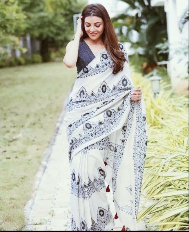 Printed, Blocked Printed Daily Wear Pure Cotton Saree  (White)