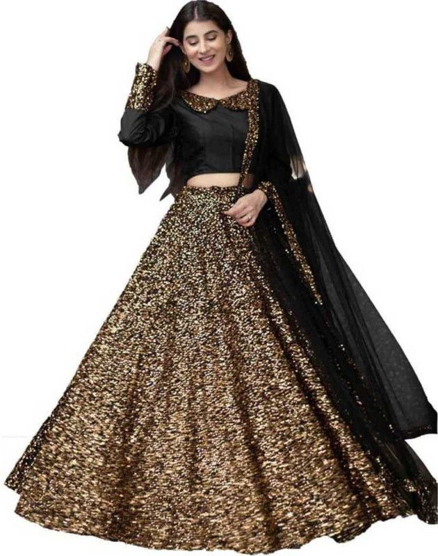 Embroidered, Self Design, Solid, Embellished Semi Stitched Lehenga Choli  (Gold, Black)
