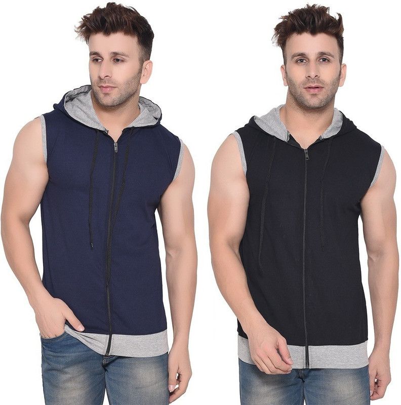 Pack of 2 Faizaan Men Solid Hooded Neck Cotton Blend Dark Blue, Black T-Shirt