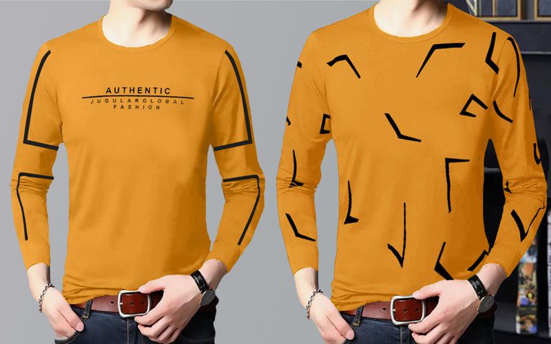 Pack of 2 Men Printed Round Neck Cotton Blend Gold T-Shirt