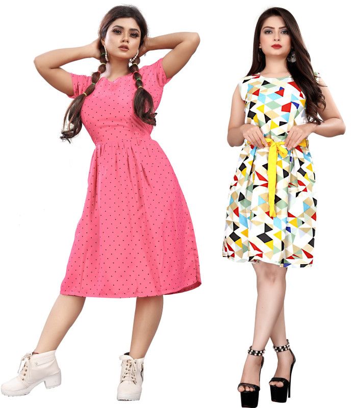 Women Skater Pink, White Dress