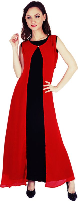Women Solid Crepe Gown Kurta  (Red, Black)