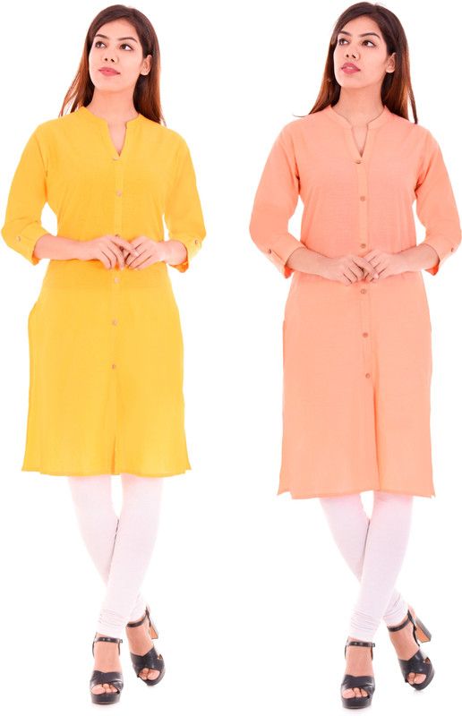 Pack of 2 Women Solid Pure Cotton Frontslit Kurta  (Orange, Yellow)