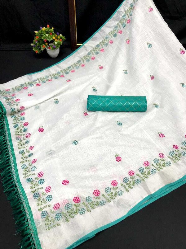 Embroidered Fashion Cotton Linen, Silk Blend Saree  (Multicolor)