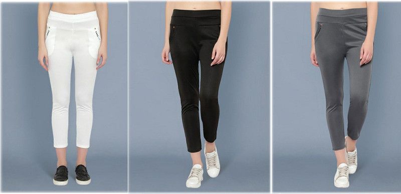 Pack of 3 Women Regular Fit White, Black, Grey Cotton Blend Trousers