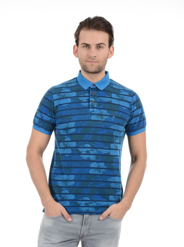 Men Striped, Floral Print Polo Neck Cotton Blend Blue T-Shirt