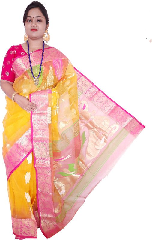 Woven Tant Tussar Silk Saree  (Yellow)