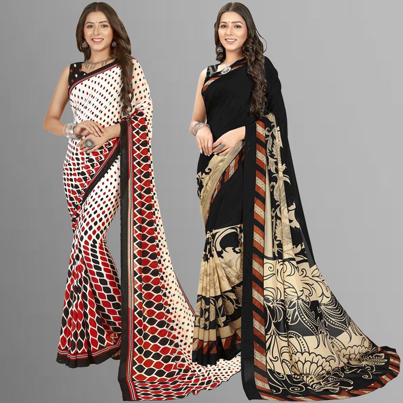 Printed Daily Wear Georgette Saree  (Pack of 2, Red, White, Black)