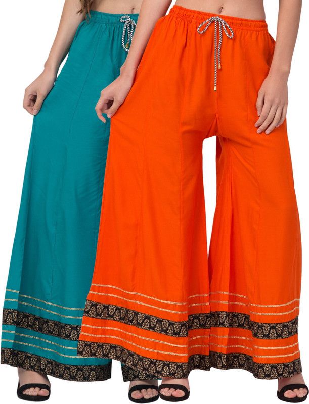 Pack of 2 Women Relaxed Blue, Orange Viscose Rayon Trousers