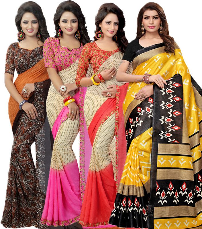 Printed Bollywood Georgette Saree  (Pack of 4, Red, Pink, Orange, Yellow)