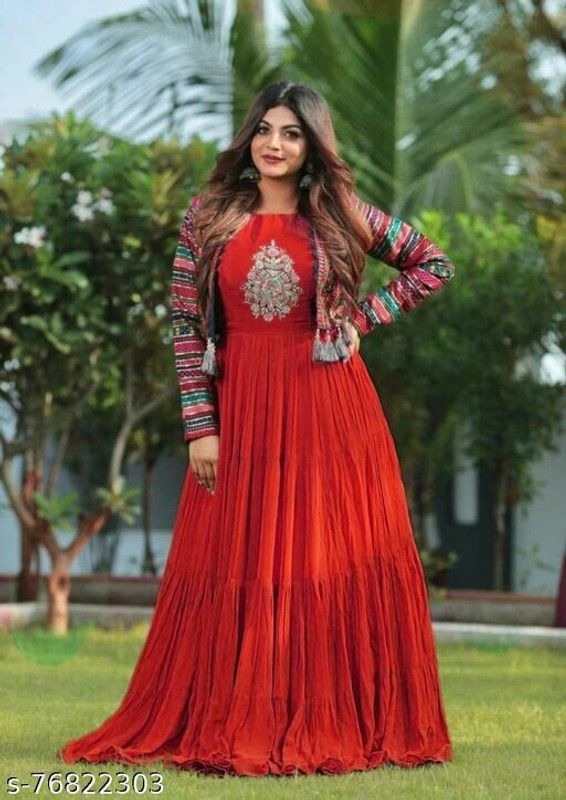 Solid Rayon Blend Stitched Anarkali Gown  (Red)