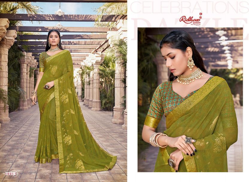 Printed, Self Design, Blocked Printed Bollywood Chiffon Saree  (Green)
