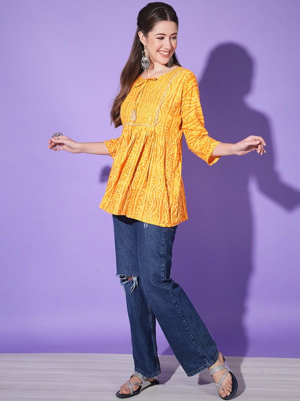 Women Bandhani Cotton Rayon Flared Kurta  (Yellow, Orange)
