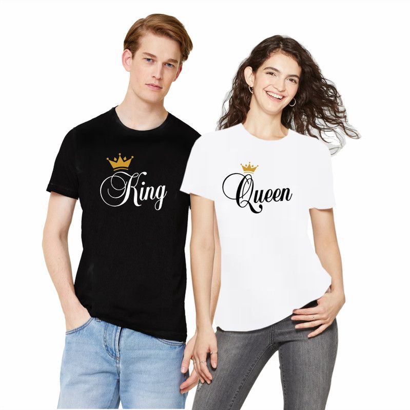 Pack of 2 Couple Graphic Print Round Neck Cotton Blend White, Black T-Shirt
