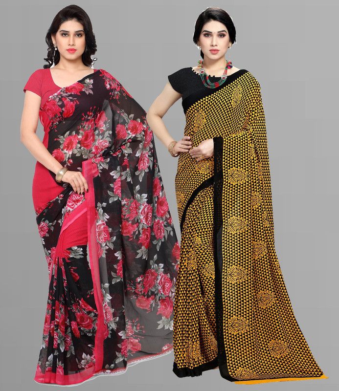 Printed, Floral Print Daily Wear Georgette Saree  (Pack of 2, Pink, Black, Yellow)