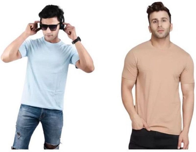Pack of 2 Men Solid Round Neck Cotton Blend Light Blue, Orange T-Shirt