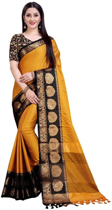 Woven Kasavu Jacquard, Cotton Silk Saree  (Black, Yellow)