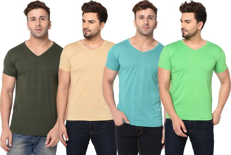 Pack of 4 V neck Combo T-shirts Men Solid V Neck Cotton Blend Green, Beige, Light Green T-Shirt