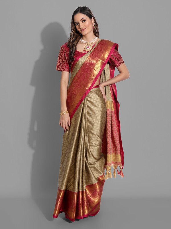 Checkered Dharmavaram Cotton Silk Saree  (Beige)
