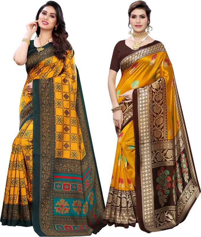 Printed, Geometric Print, Floral Print Banarasi Cotton Silk Saree  (Pack of 2, Yellow, Mustard)